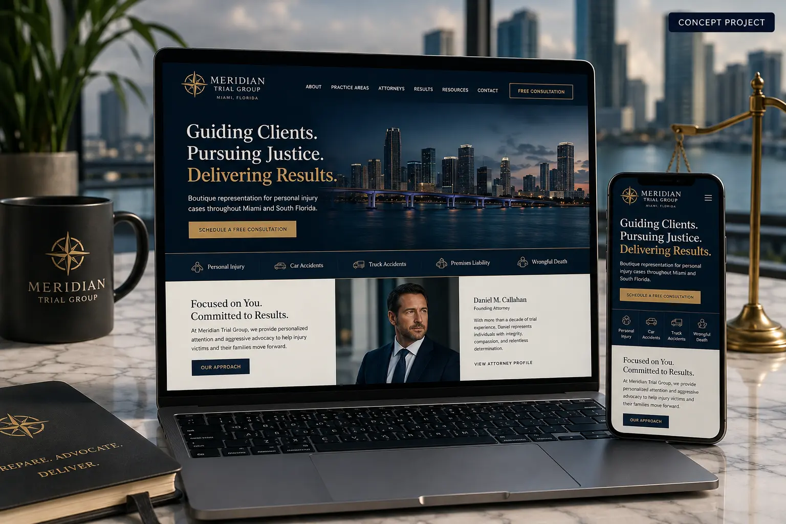 Meridian Trial Group Miami law firm website concept displayed on laptop and mobile.