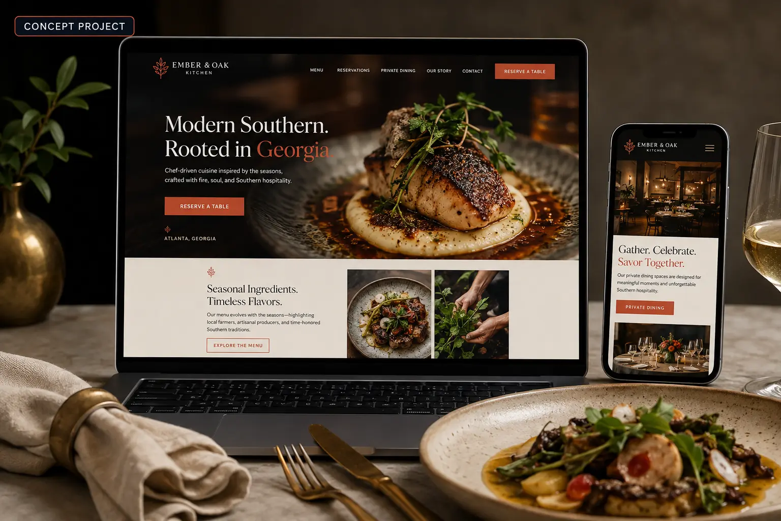 Ember & Oak Kitchen Atlanta restaurant website concept displayed on laptop and mobile.