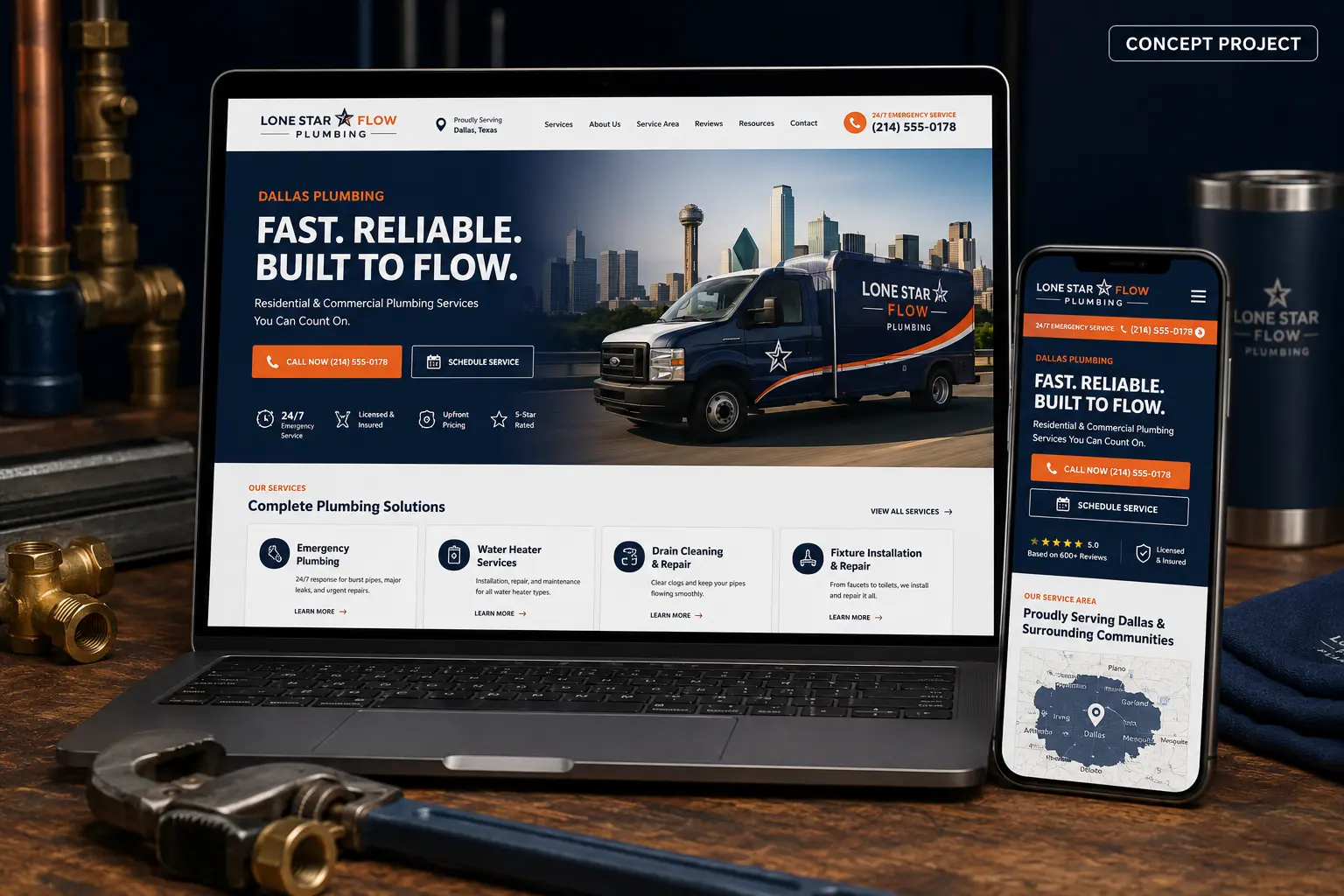 Lone Star Flow Plumbing Dallas plumbing website concept displayed on laptop and mobile.