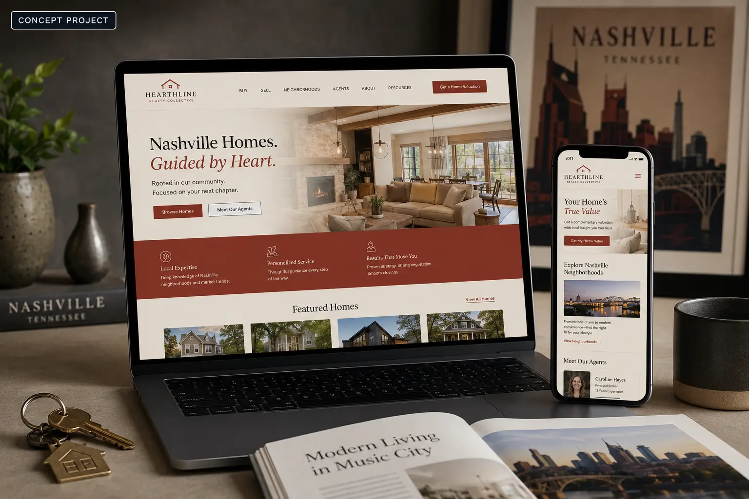 Hearthline Realty Collective Nashville real estate website concept displayed on laptop and mobile.