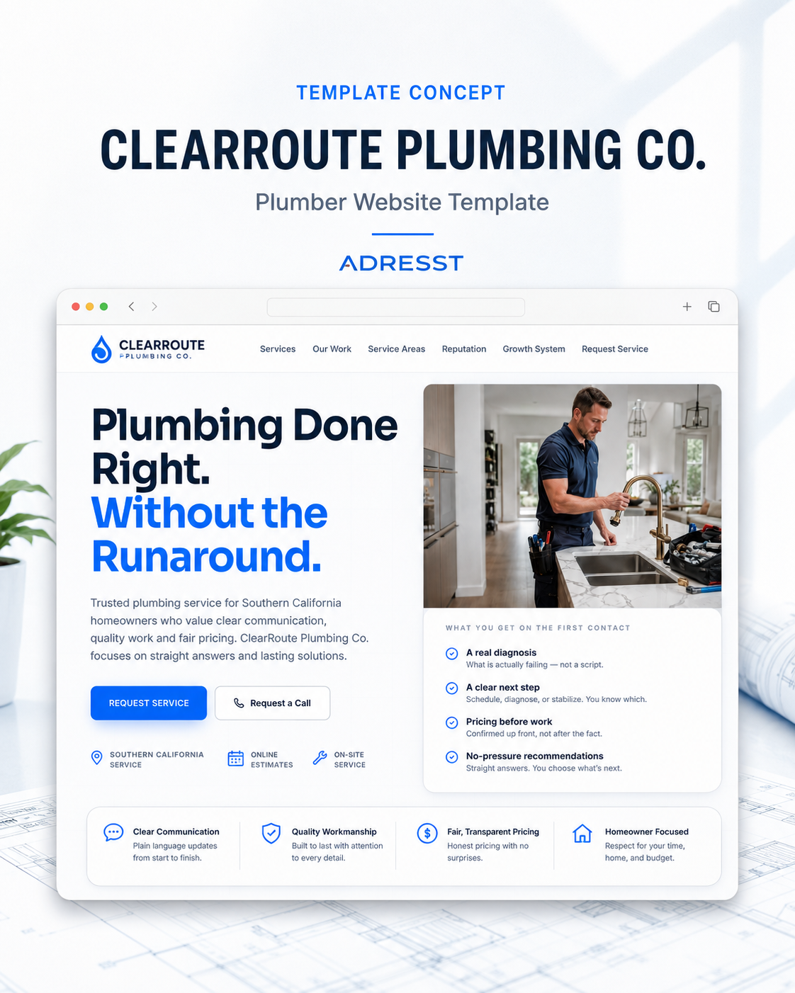 ClearRoute Plumbing Co. — Plumber Website Template — fictional concept, not a client