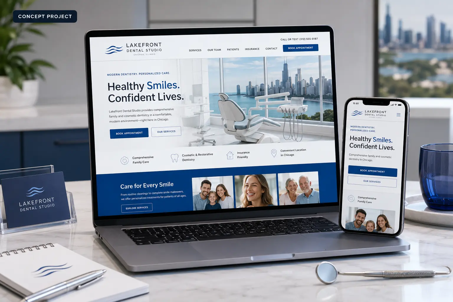 Lakefront Dental Studio Chicago dental website concept displayed on laptop and mobile.