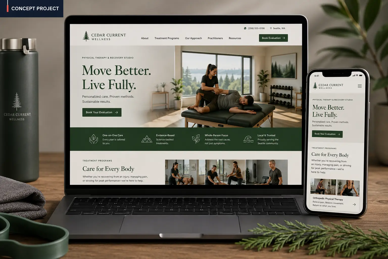 Cedar Current Wellness Seattle physical therapy website concept displayed on laptop and mobile.