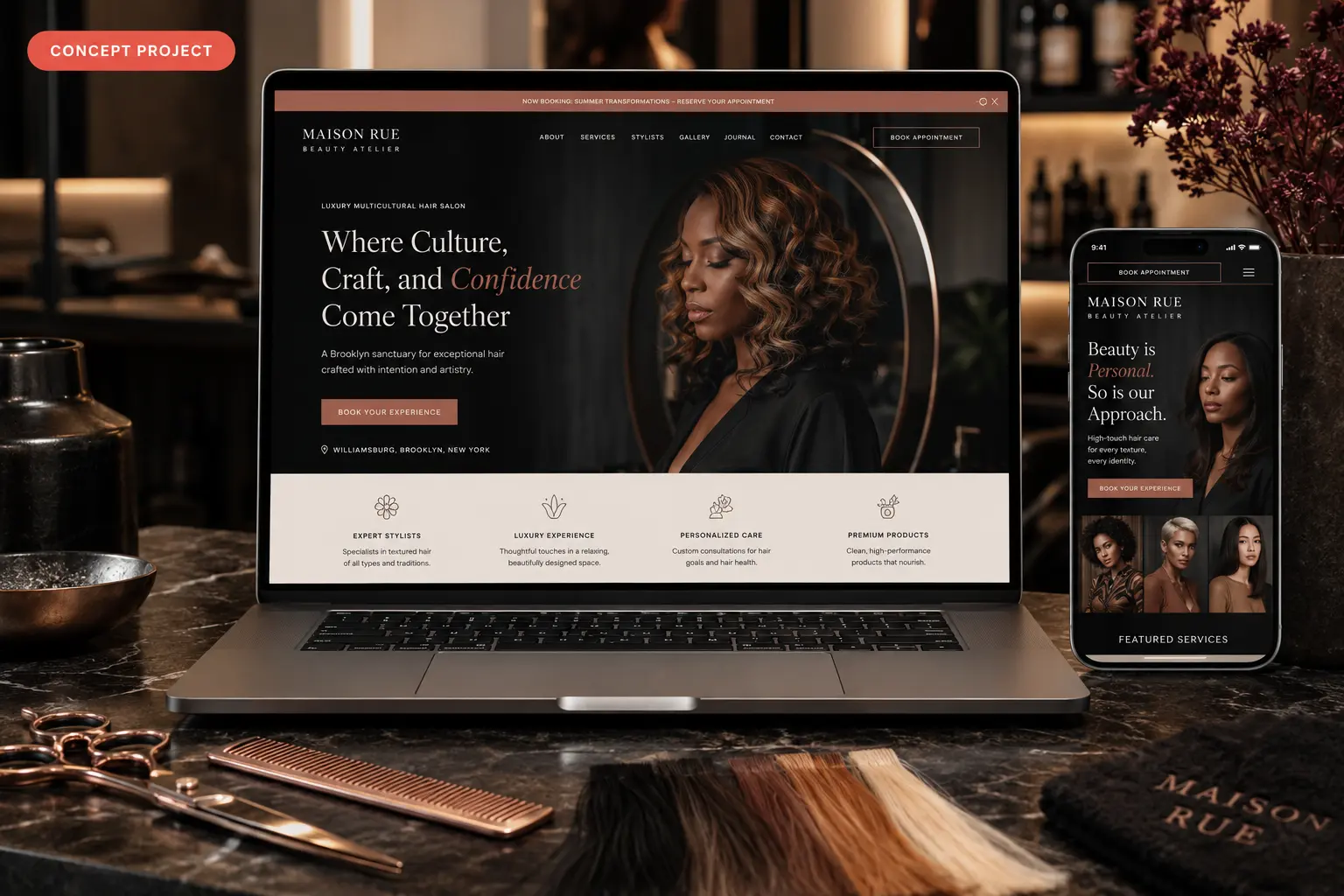 Maison Rue Beauty Atelier Brooklyn salon website concept displayed on laptop and mobile.