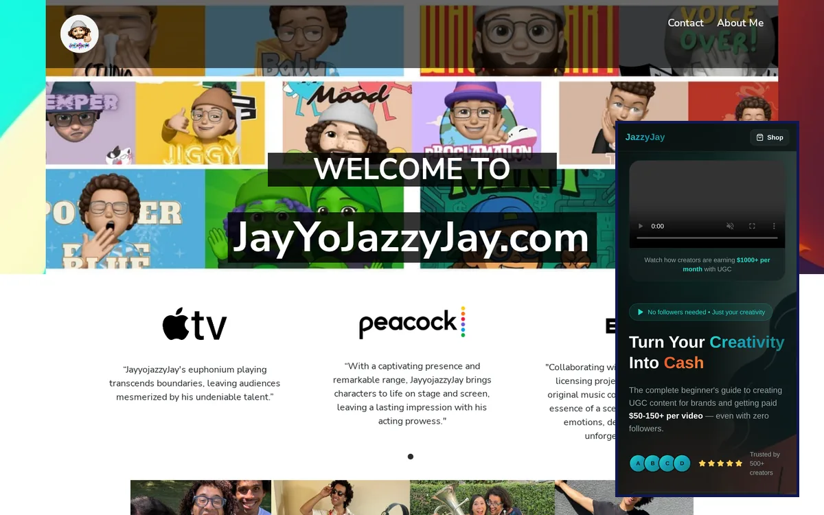 Screenshot of the JayYoJazzyJay.com brand platform homepage with the jayyojazzyjay.shop creator storefront shown on mobile